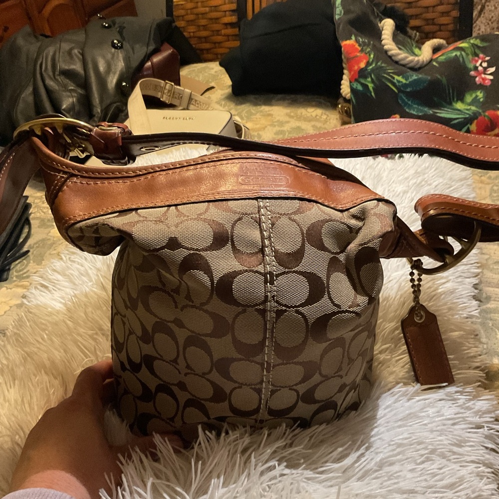 Coach Brown and Tan Signature Shoulder Bag